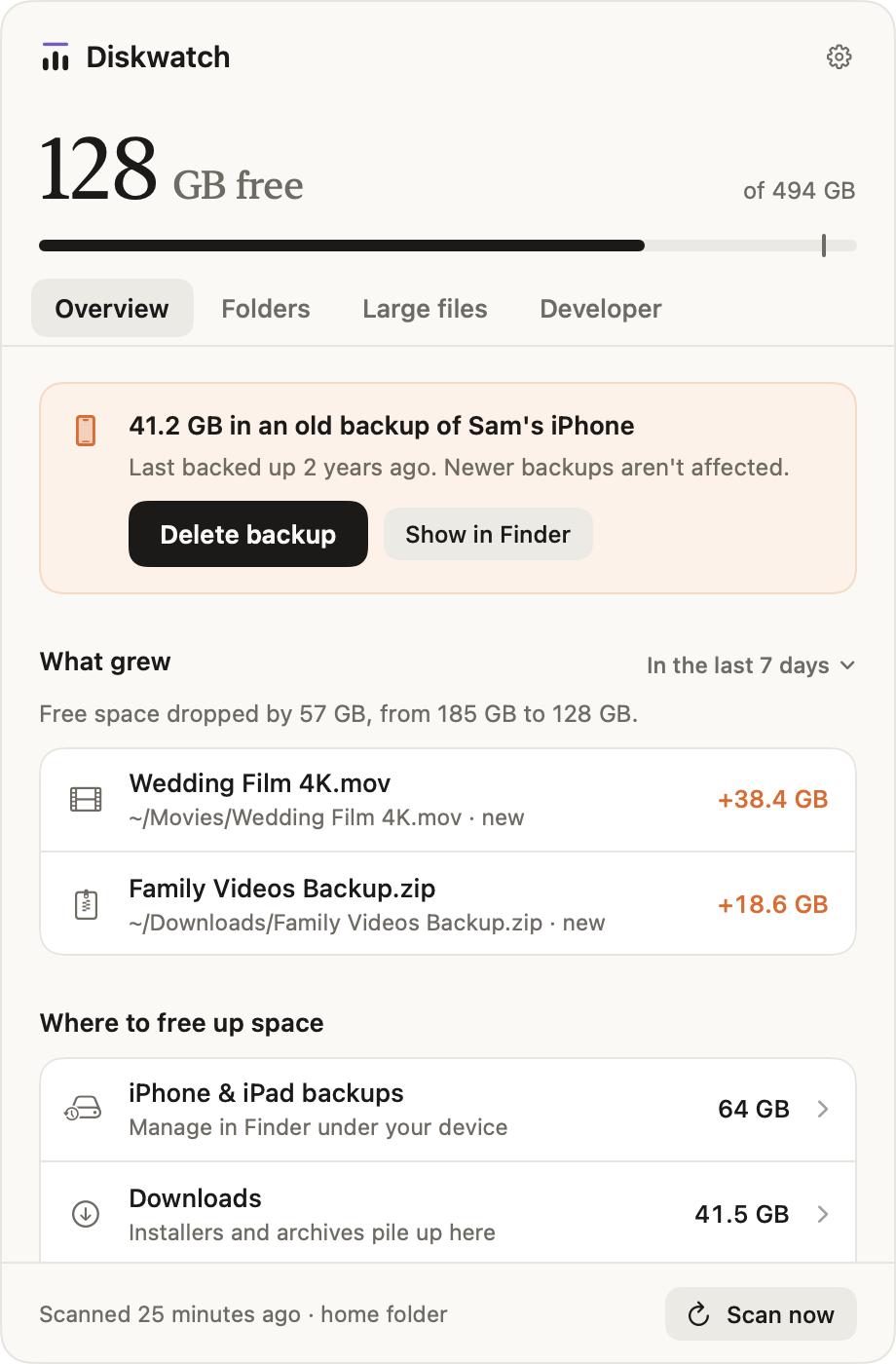 Diskwatch showing 128 GB free and a 41 GB backup of an old iPhone that can be deleted